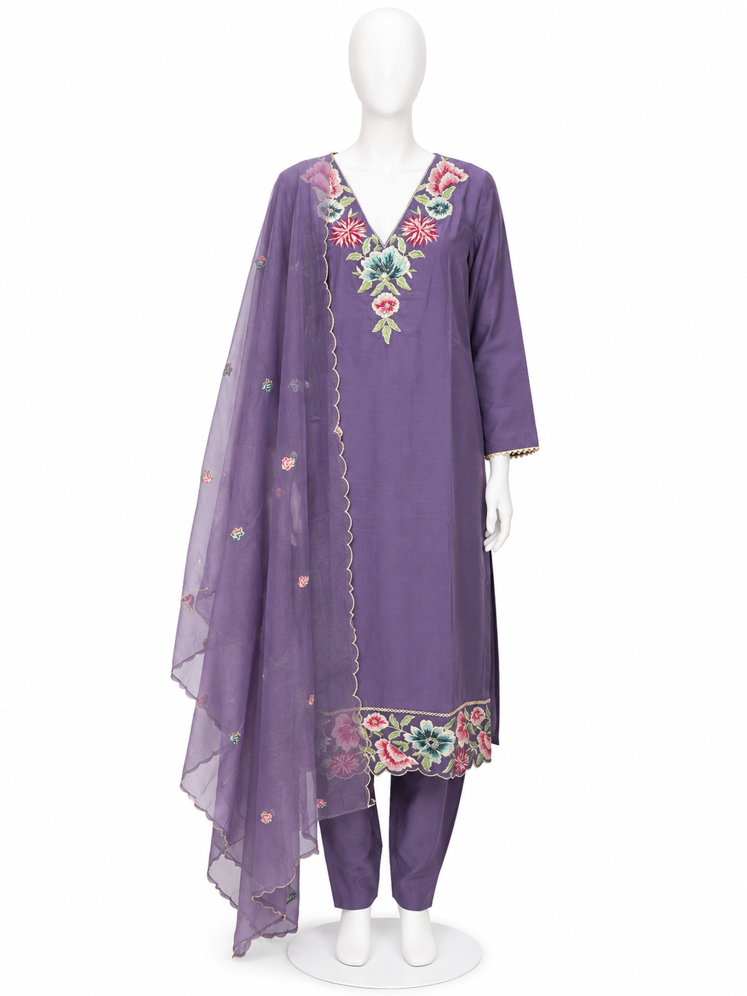 LAVENDER PURPLE FLORAL EMBROIDERED KURTA PANT SET