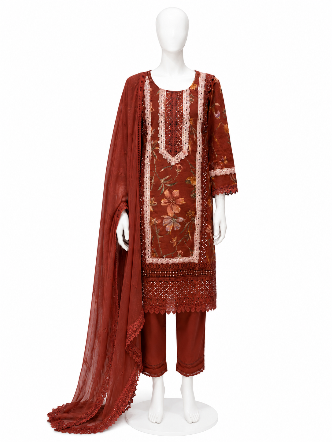 RUST BROWN FLORAL PRINTED KURTA PANT SET WITH EMBROIDERED DUPATTA