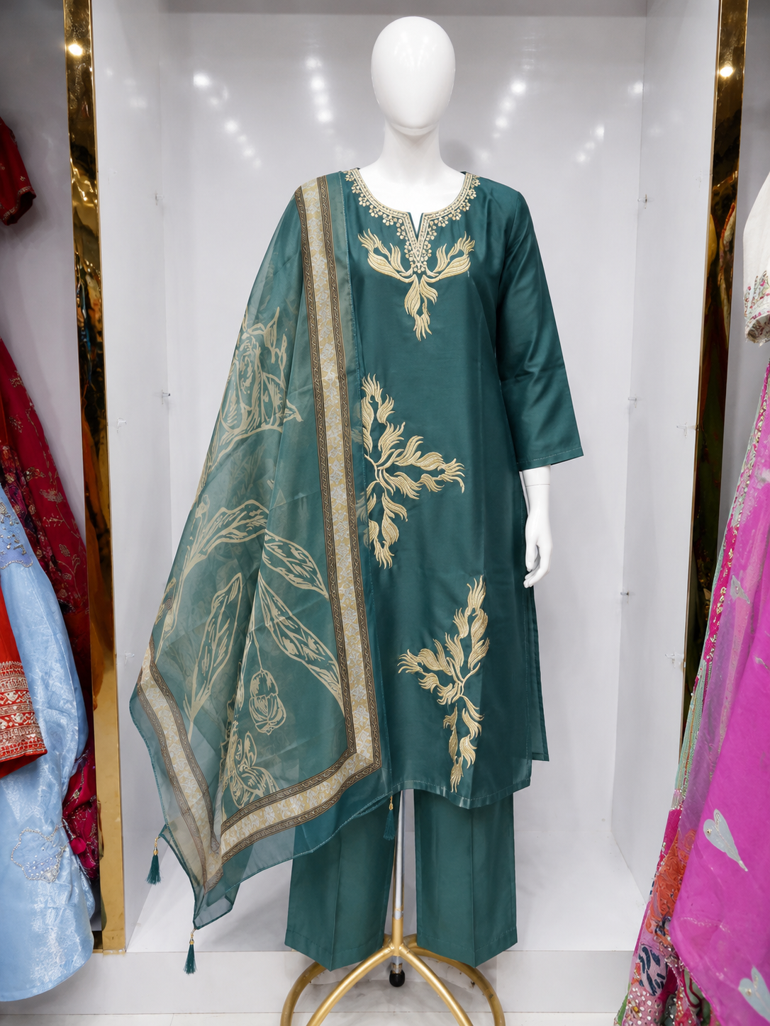TEAL GREEN EMBROIDERED KURTA PALAZZO SET WITH ORGANZA DUPATTA