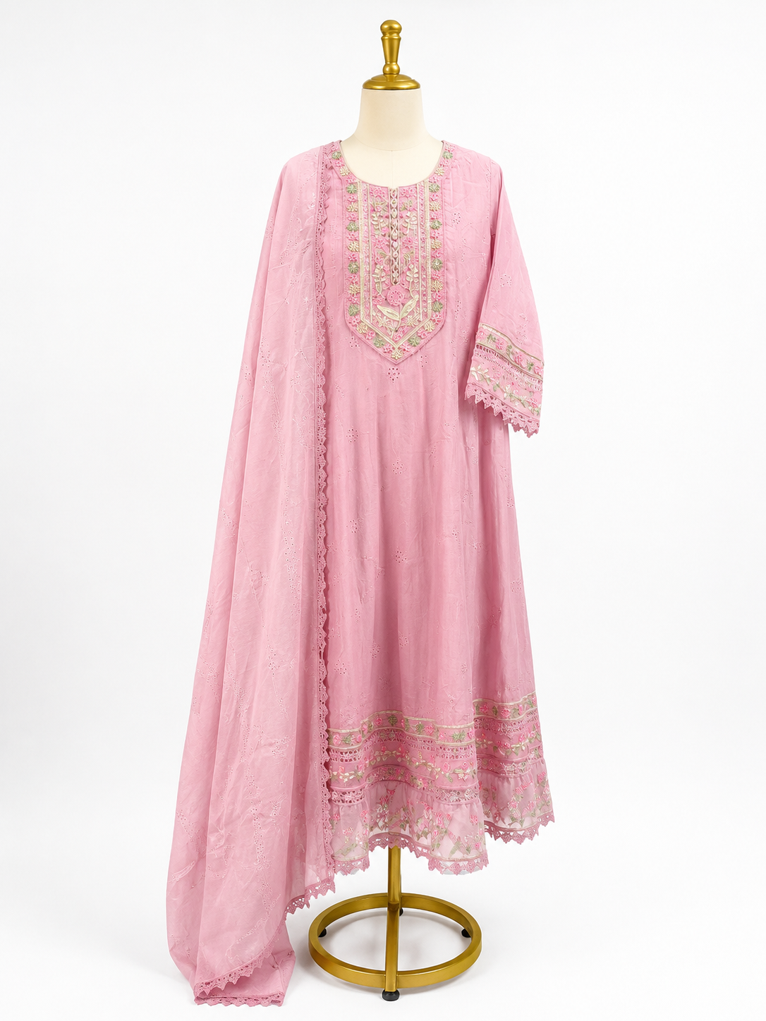 BABY PINK EMBROIDERED COTTON ANARKALI SUIT SET WITH DUPATTA