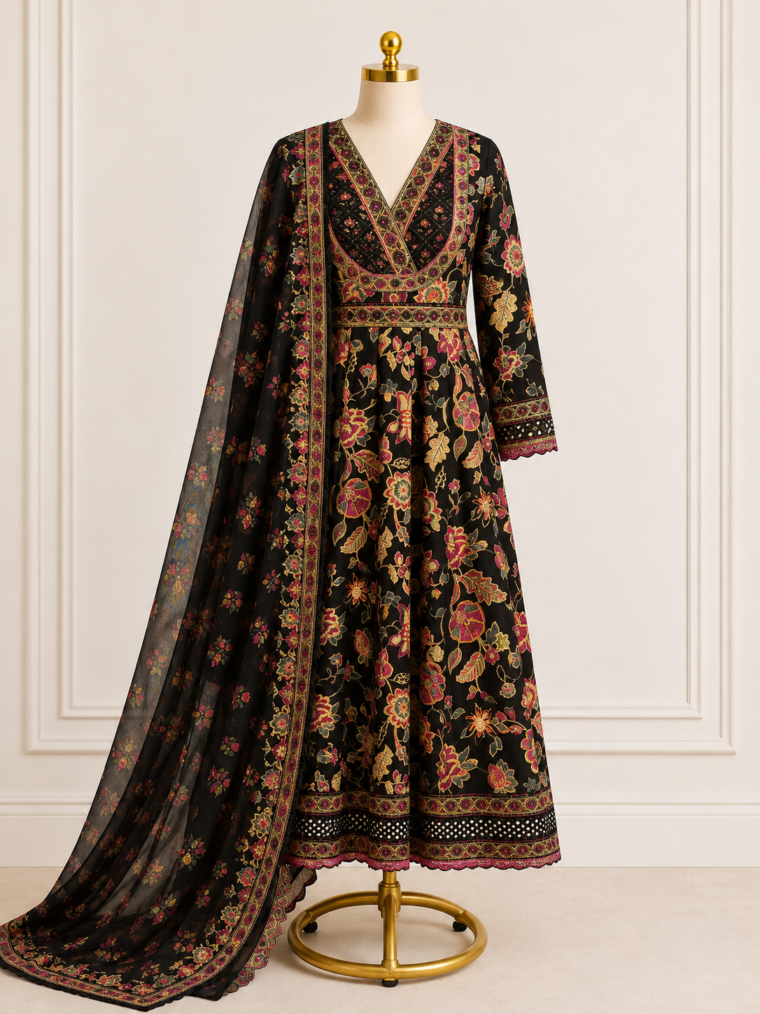 BLACK FLOAL PRINTED ANARKALI SUIT SET WITH DUPATTA