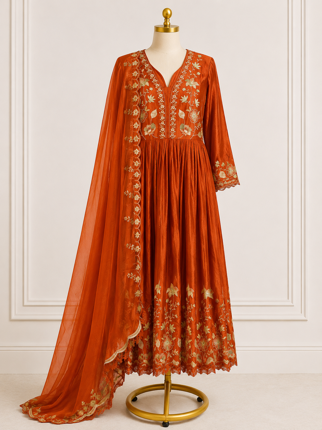 RUST ORANGE EMBROIDERED ANARKALI SUIT SET WITH DUPATTA