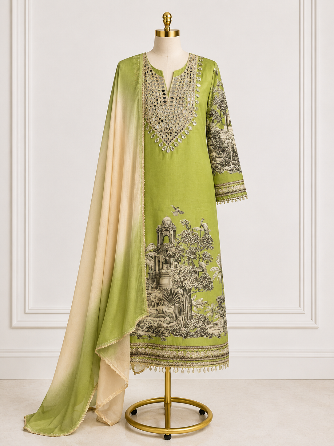 LIME GREEN MIRROR WORK STRAIGHT SUIT SET WITH OMBRE DUPATTA