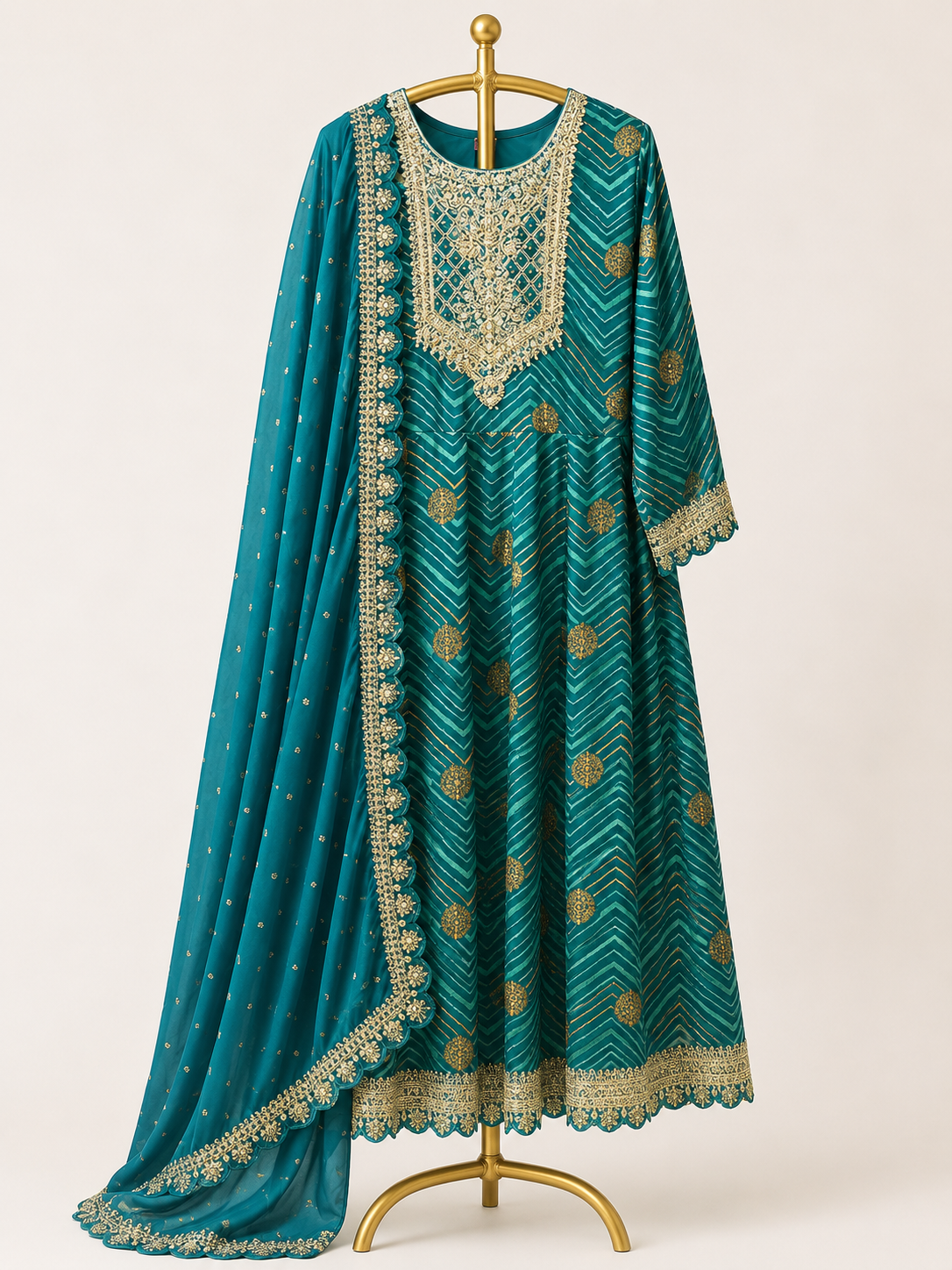 TEAL CHEVRON EMBROIDERED ANARKALI SUIT SET WITH DUPATTA