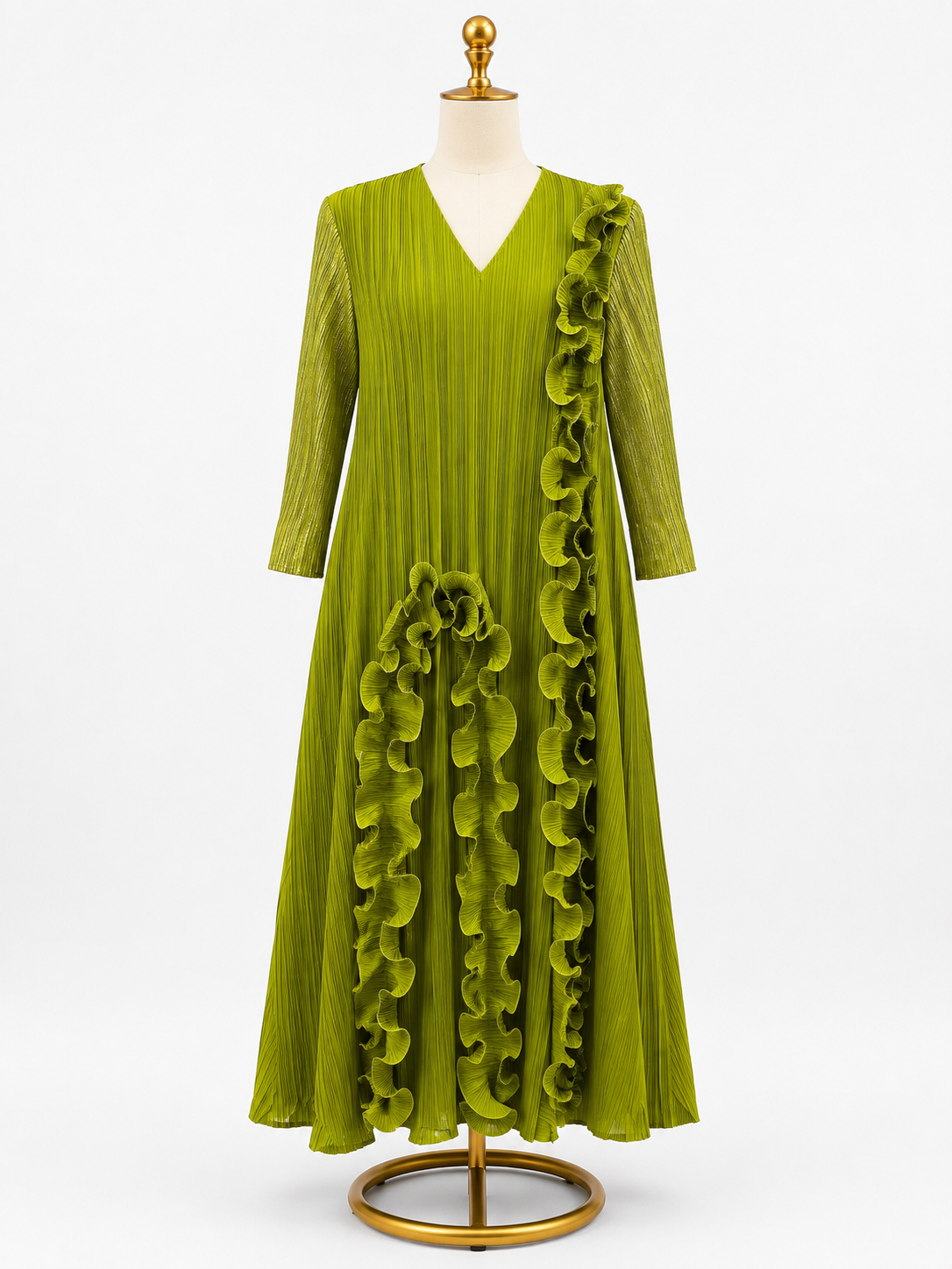 LIME RUFFLE PLEATED MAXI DRESS