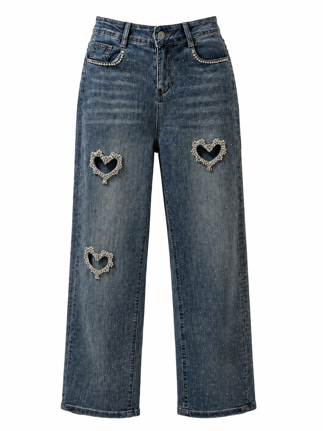CRYSTAL HEART EMBELLISHED WIDE LEG JEANS