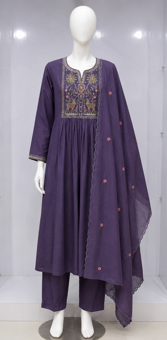 ROYAL PURPLE EMBROIDERED ANARKALI KURTA SET WITH DUPATTA