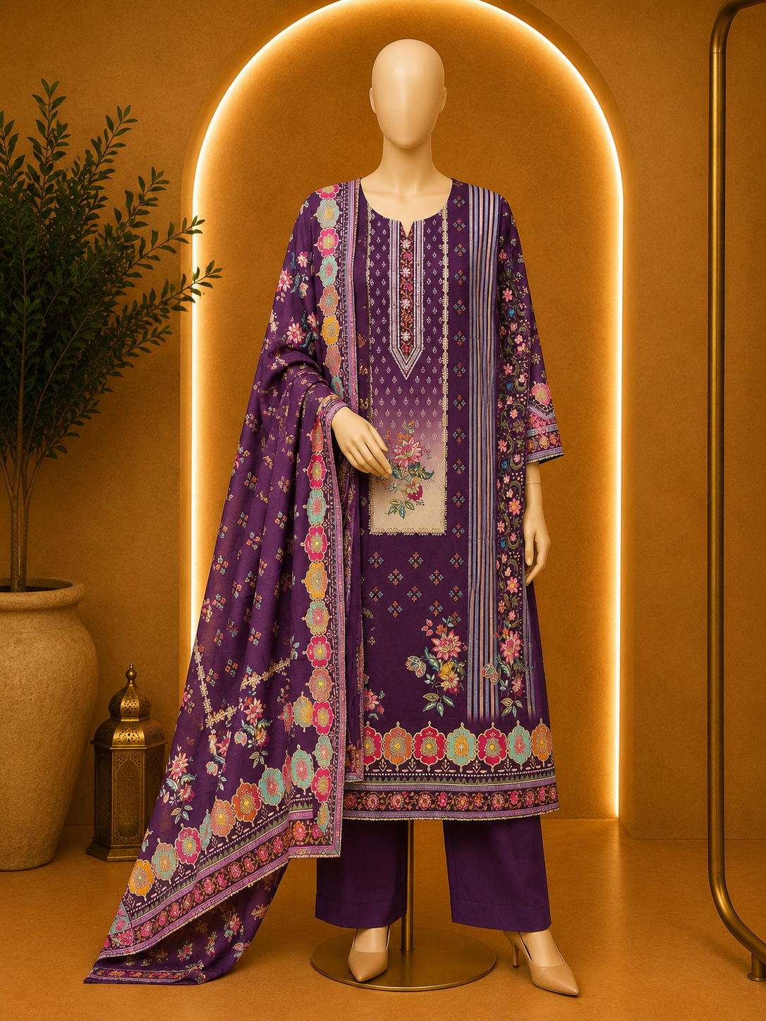 ROYAL PURPLE FLORAL PRINTED KURTA SET WITH DUPATTA