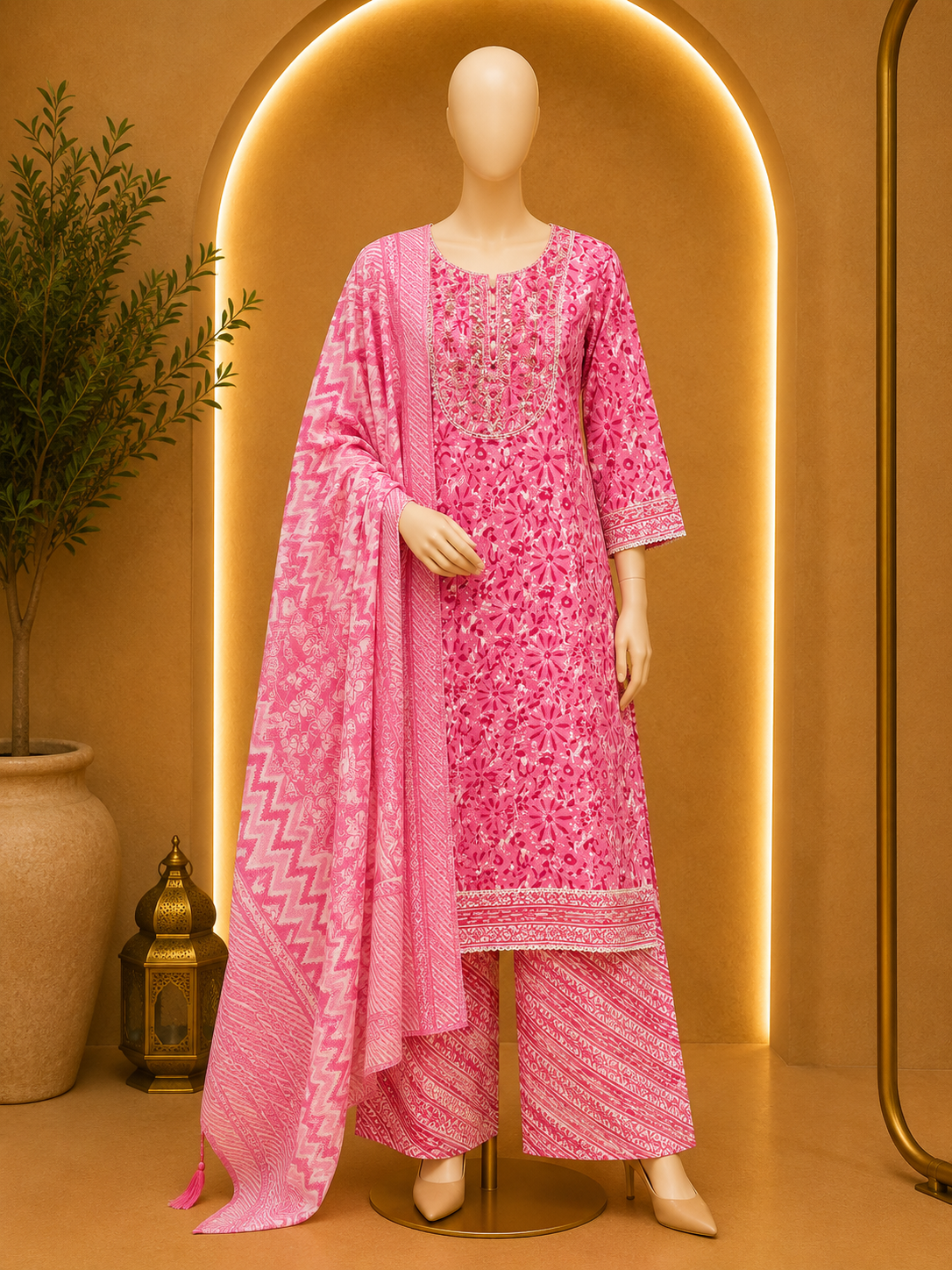 CANDY PINK FLORAL PRINTED KURTA PLAZZO SET WITH DUPATTA