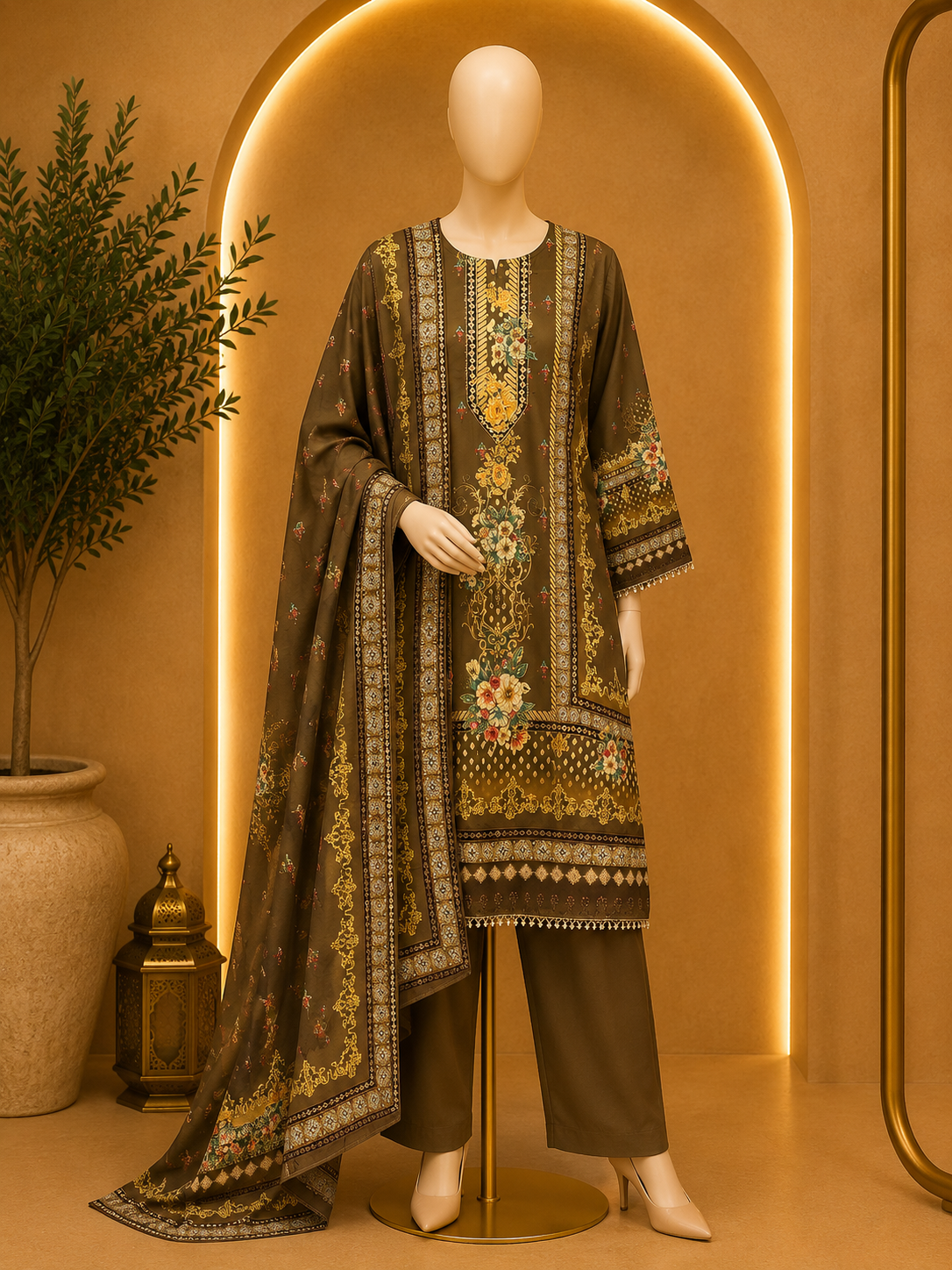 OLIVE BROWN FLORAL PRINTED KURTA PLAZZO SET WITH DUPATTA