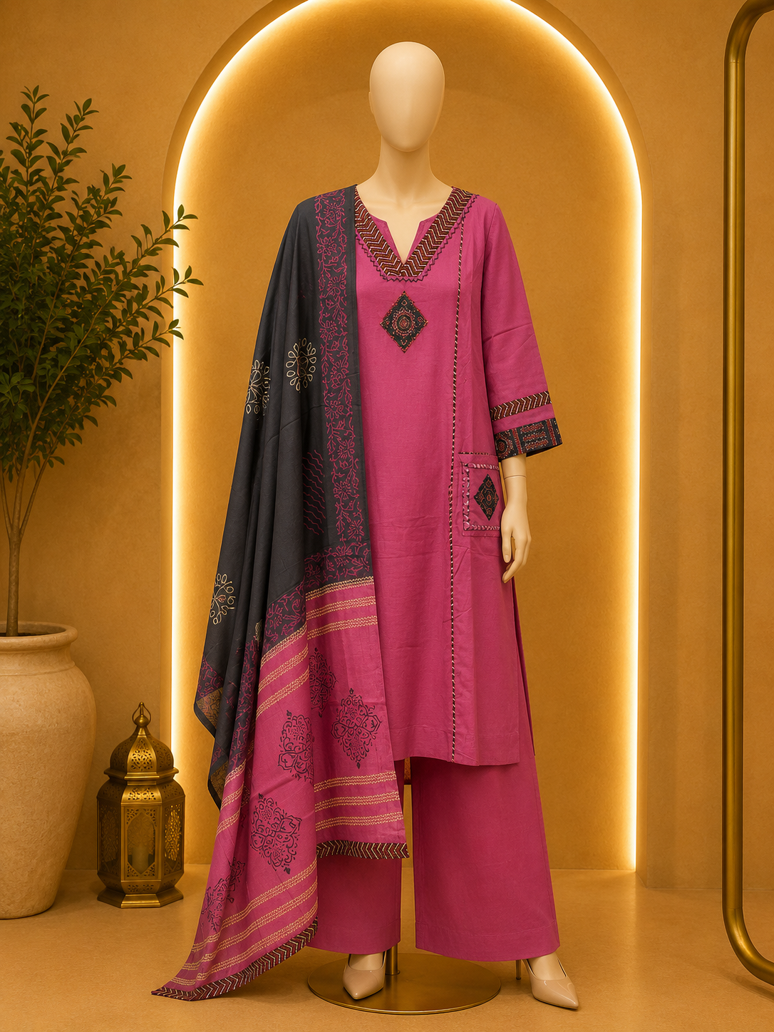 FUCHSIA PINK ETHNIC KURTA PALAZZO SET WITH CONTRAST DUPATTA