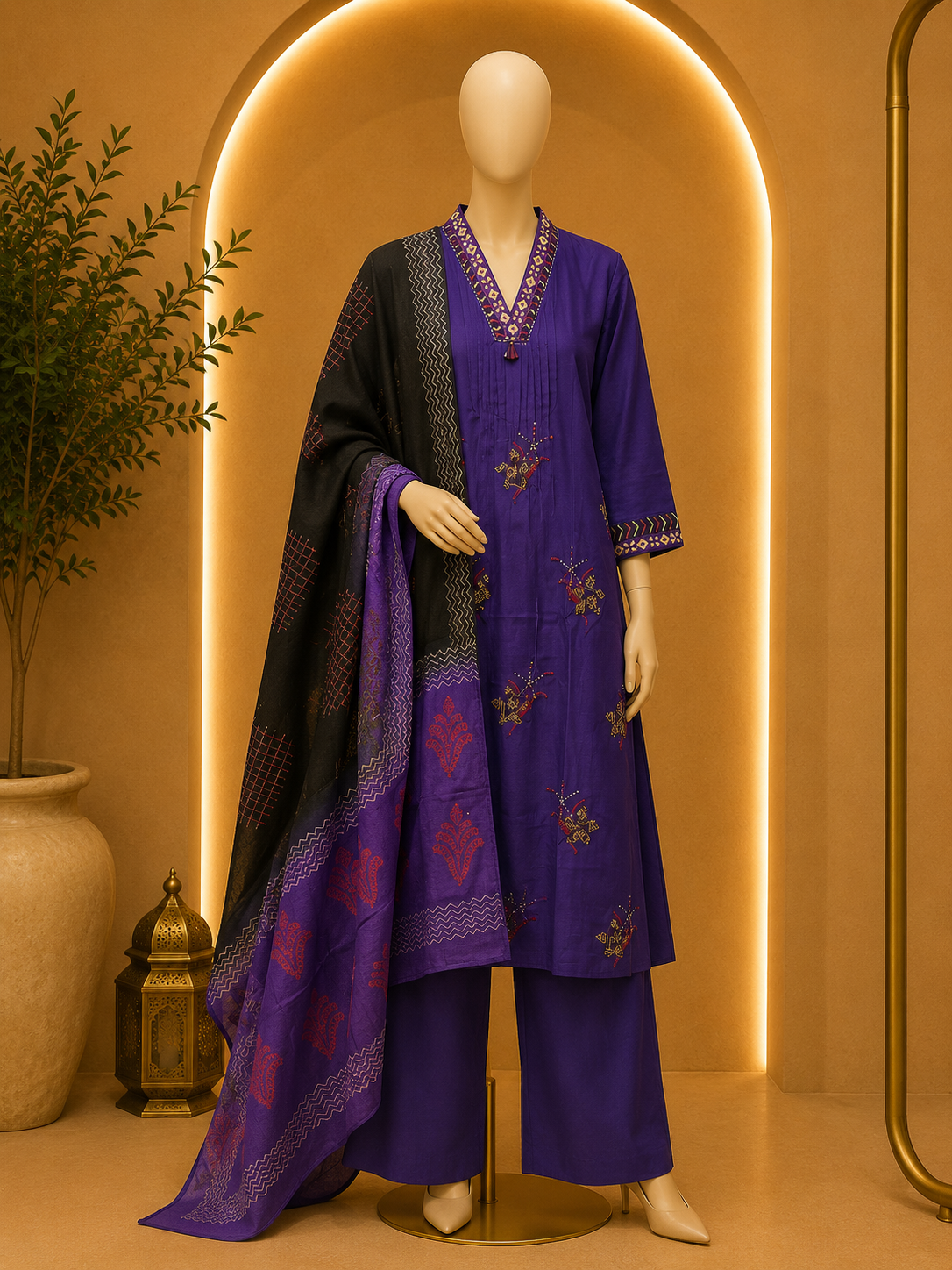 ROYAL PURPLE EMBROIDERED KURTA PALAZZO SET WITH CONTRAST DUPATTA
