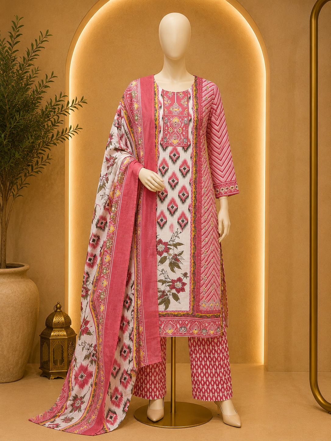 BLUSH PINK PRINTED KURTA PALAZZO SET WITH FLORAL DUPATTA