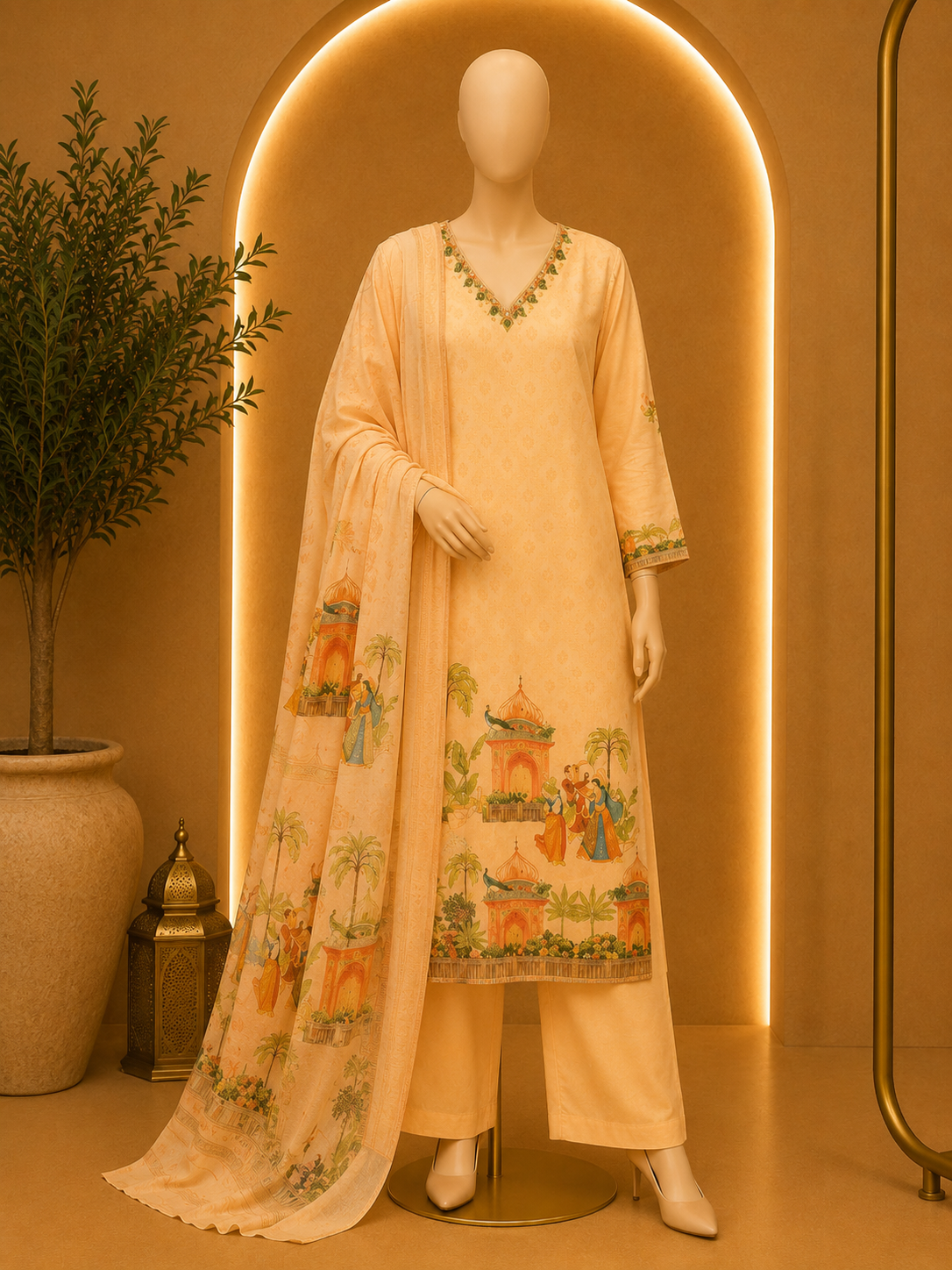 PEACH HERITAGE GARDEN PRINTED KURTA PALAZZO SET WITH DUPATTA