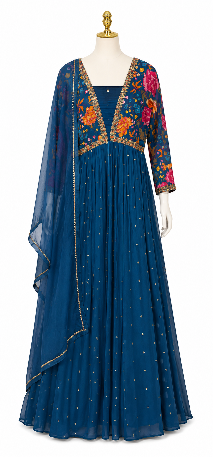 ROYAL BLUE FLORAL PRINTED ANARKALI SUIT WITH DUPATTA