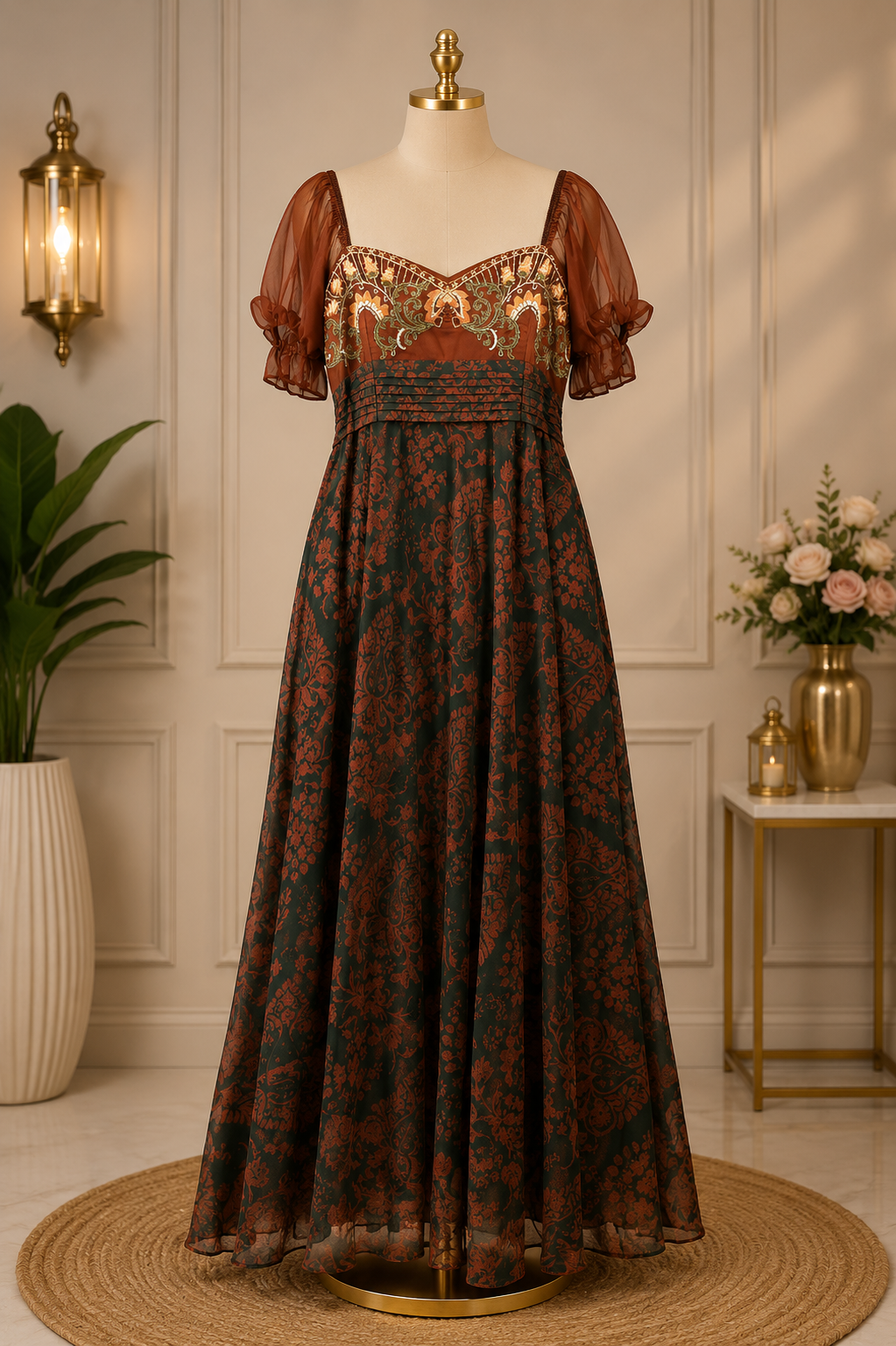 VINTAGE BAROQUE PRINTED EMPIRE MAXI DRESS