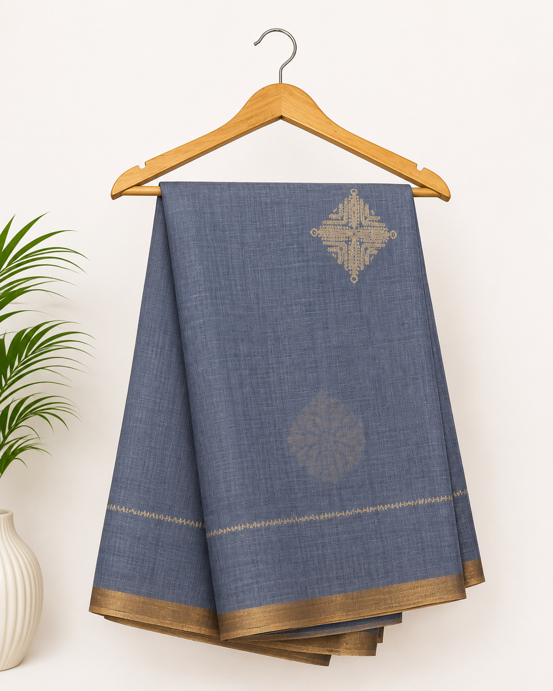 STEEL BLUE HANDLOOM SAREE WITH ZARI BORDER