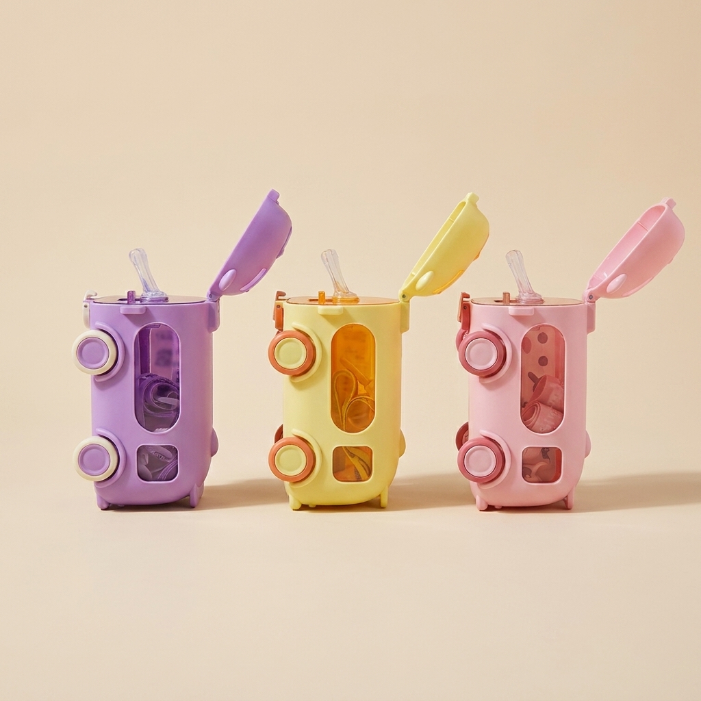 Kids Toy Bus-Shaped Water Bottle with Straw and Shoulder Strap (500ml)