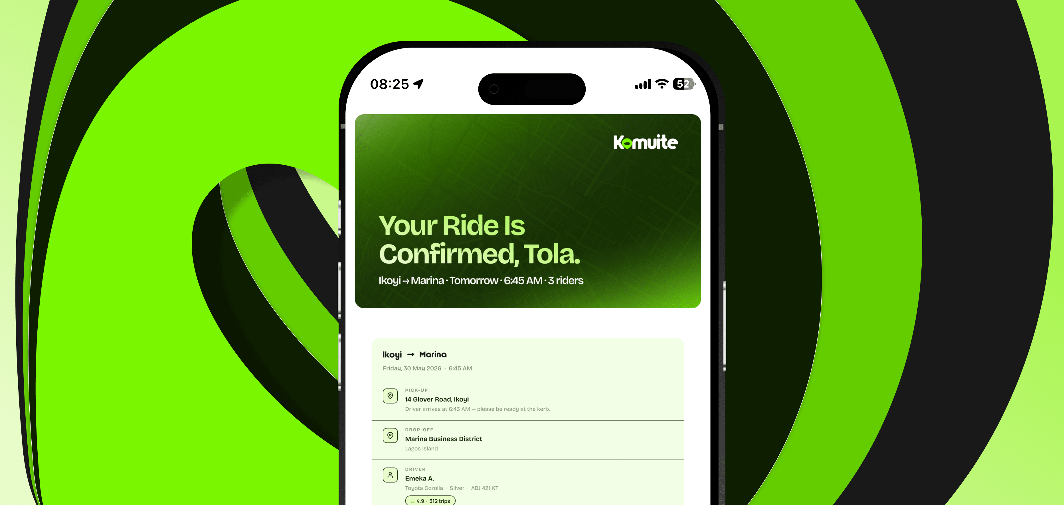 App screens spread — onboarding, home, ride, payment