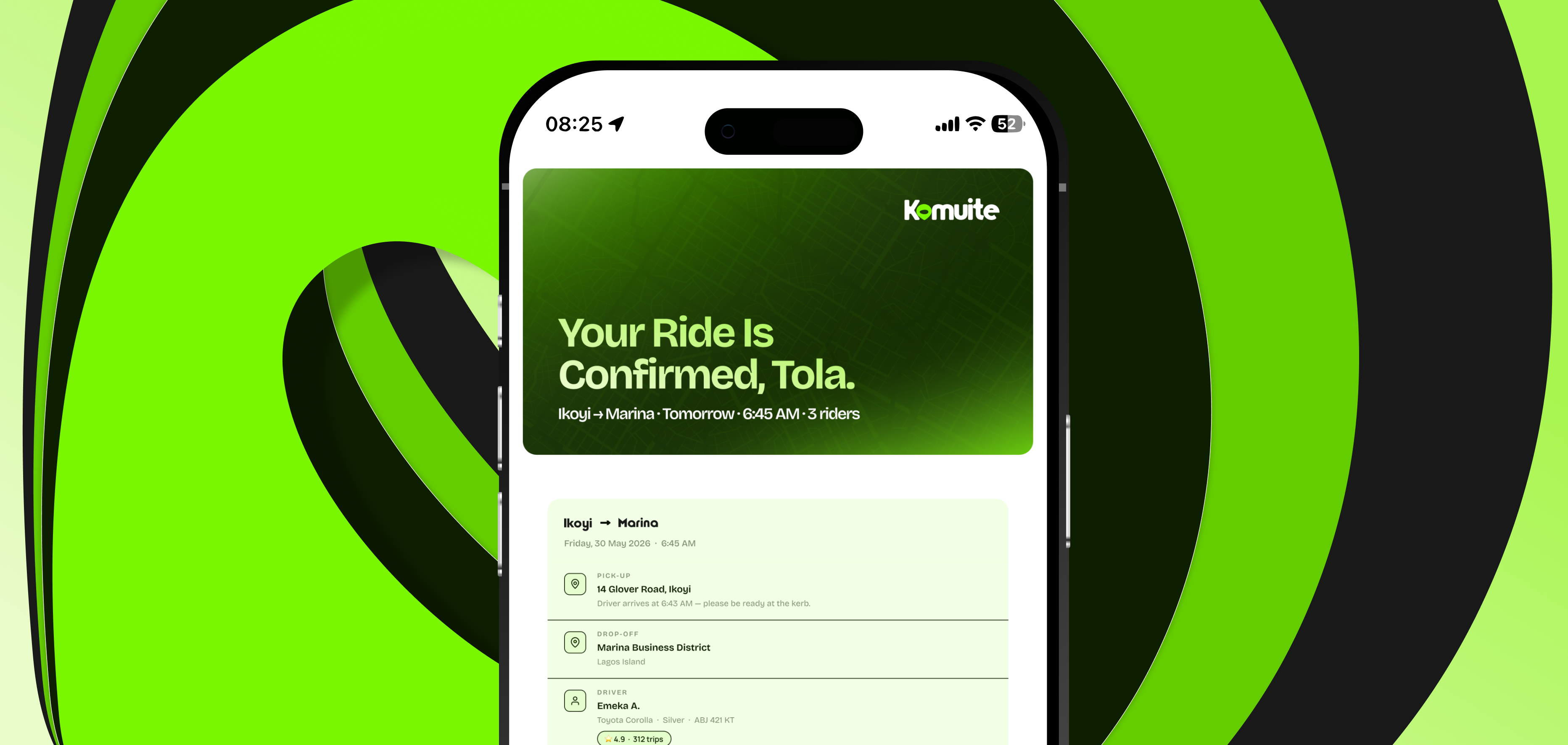 App screens spread — onboarding, home, ride, payment