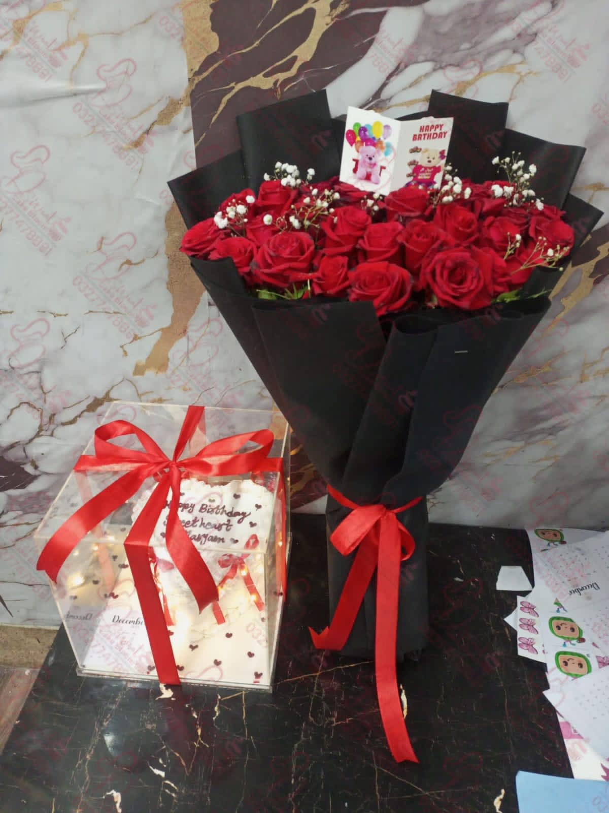 Pink Gold Drip Flowers Bouquet Cake Faisalabad