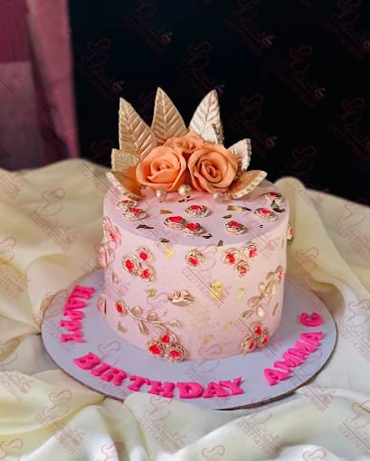 Gold Peach Floral Birthday Cake Rawalpindi
