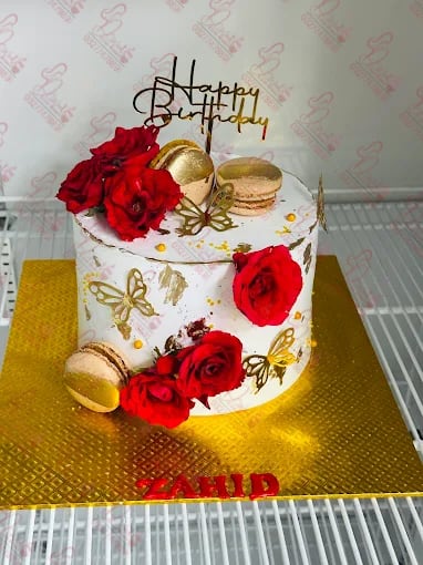 White Gold Red Roses Macaron Female Birthday Cake Rawalpindi