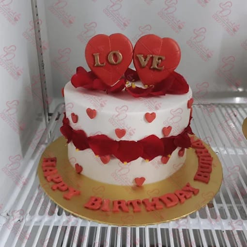 White Fondant Red Hearts Female Birthday Cake Rawalpindi