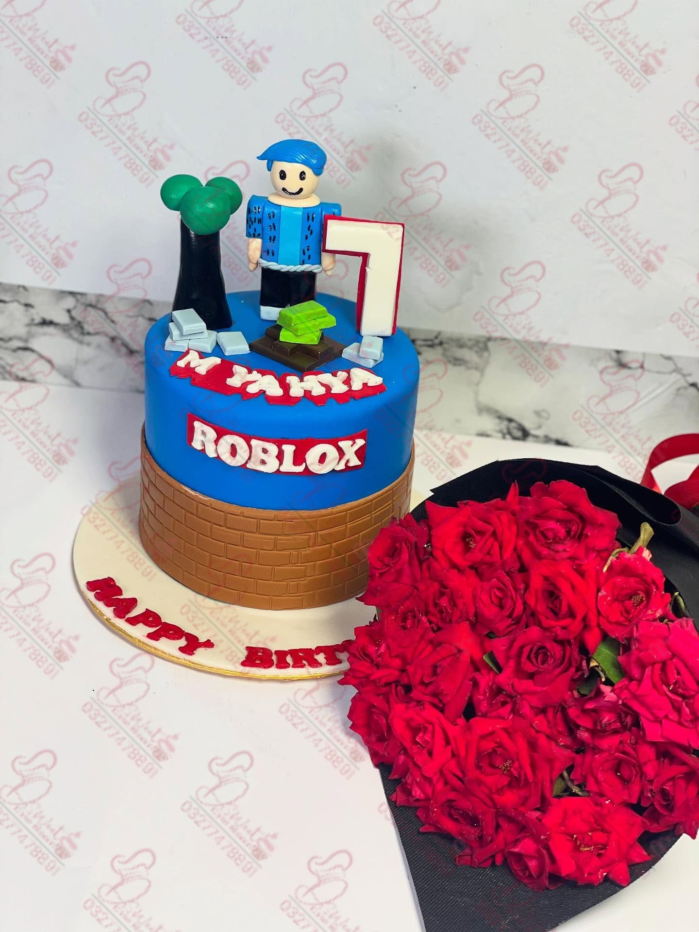 Roblox Cake with Red Rose Bouquet in Faisalabad