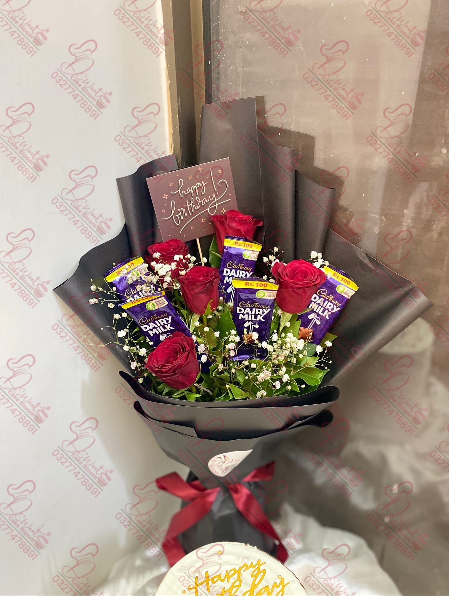 Pink Chocolate Cake with Bouquet in Faisalabad