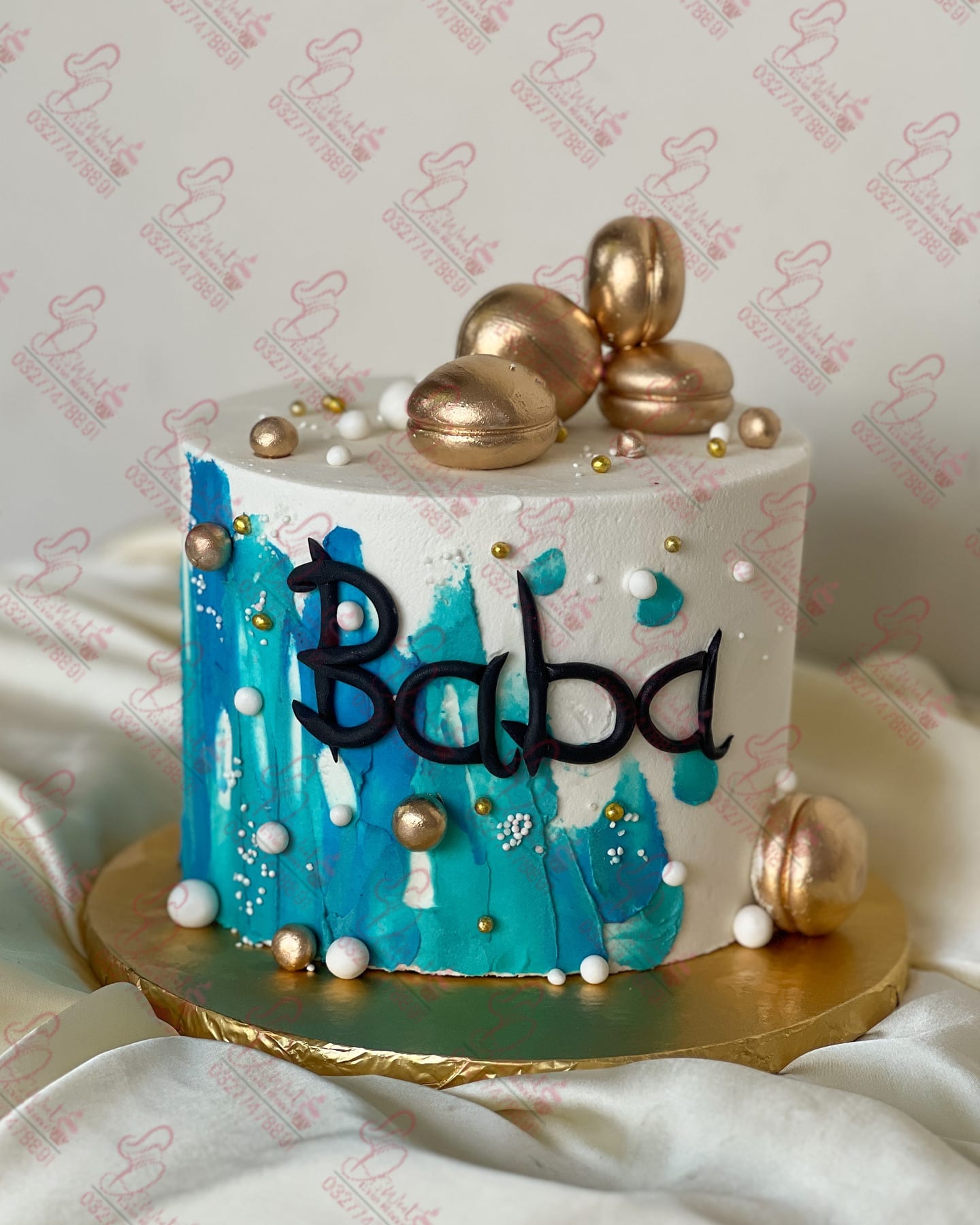 White Blue Gold Frosting Birthday Cake Custom Design