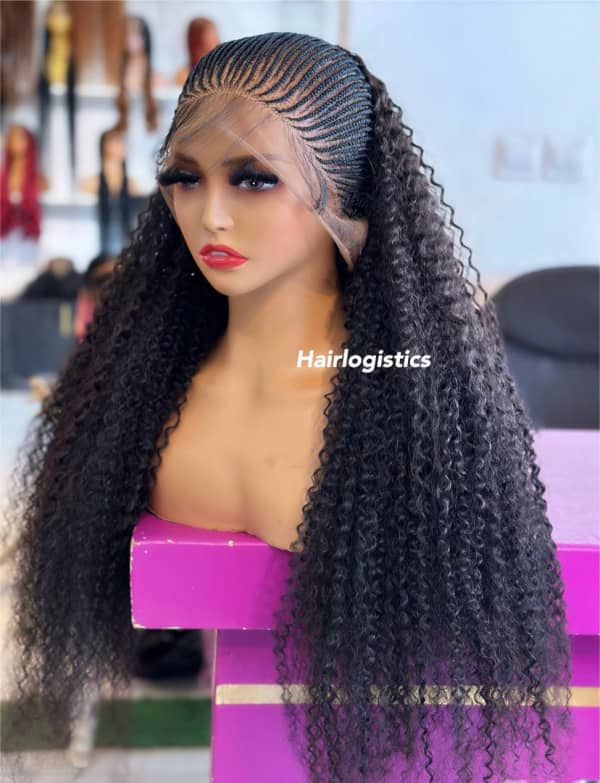 Kinky curly frontal wig braided into cornrows at the crown