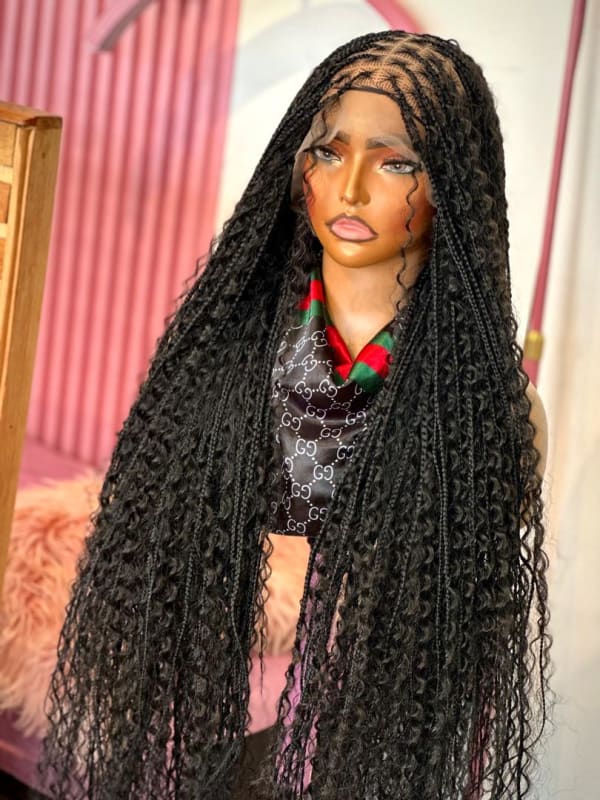 Waist-length boho knotless braided lace wig with curled ends
