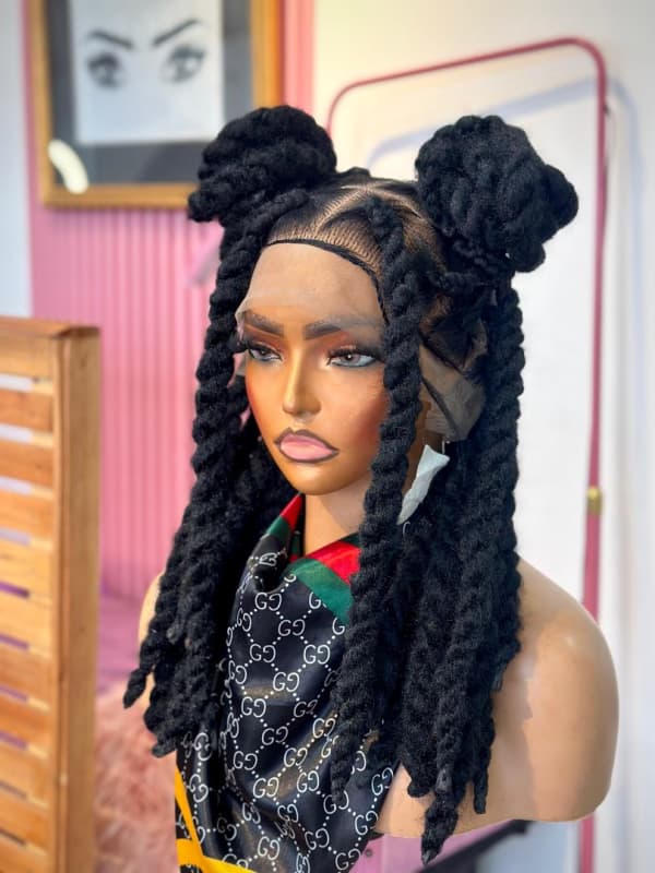 Marley twist braided lace wig styled into two knots