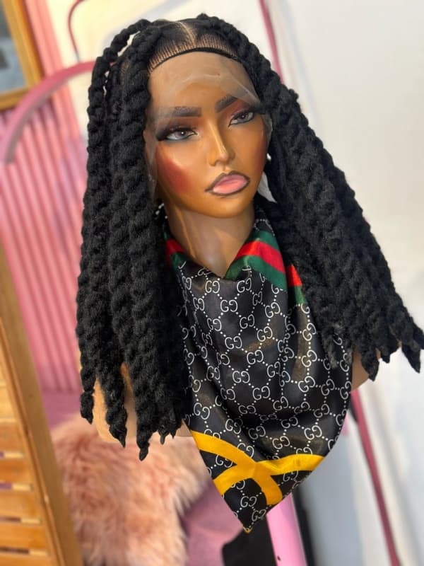 Shoulder-length distressed twist braided lace wig