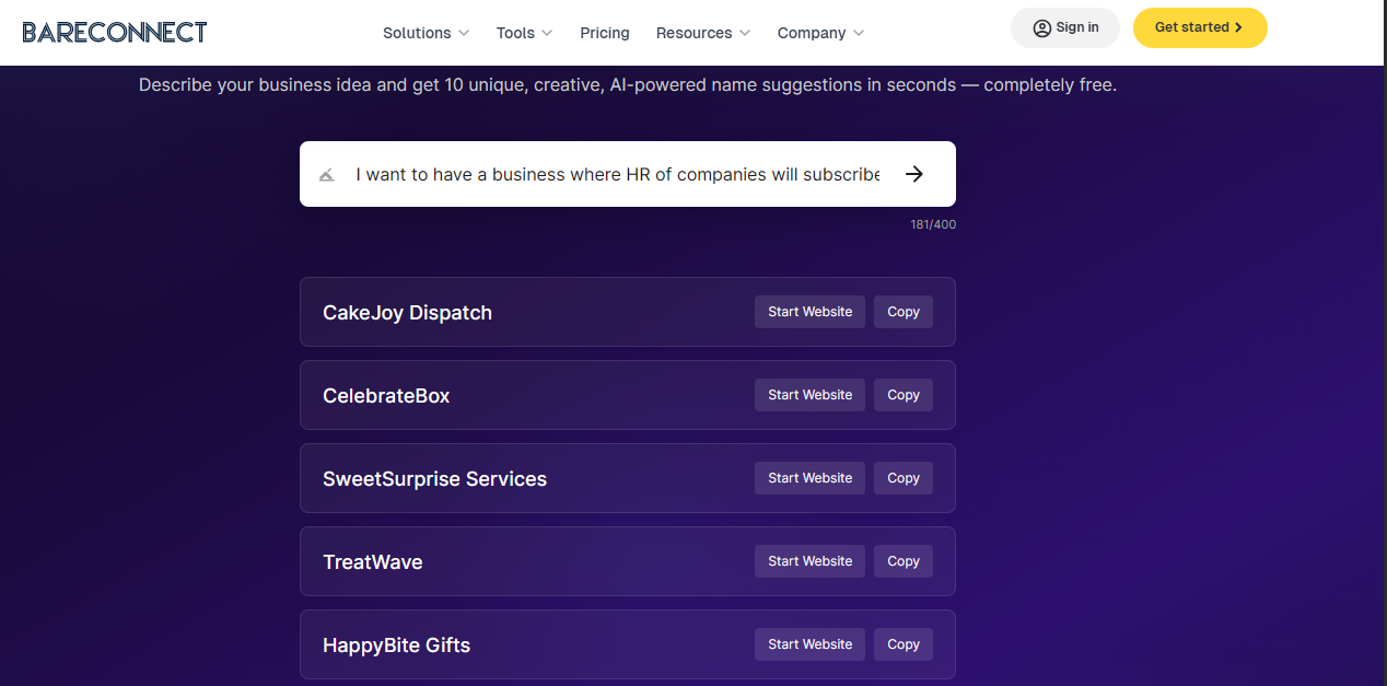 Business name generator search result