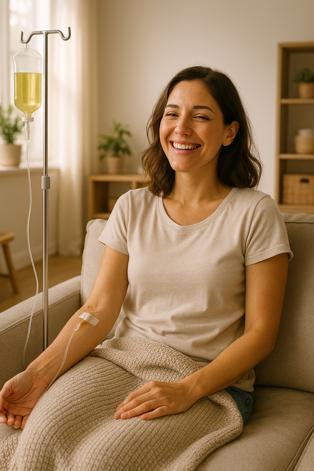 Patient receiving mobile IV therapy at home for hangover relief