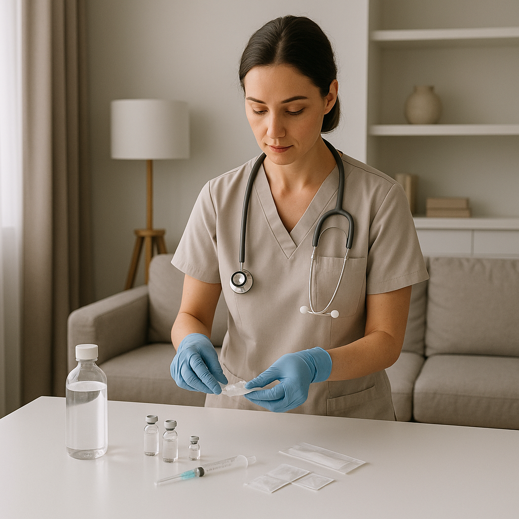 Healthcare professional administering IV therapy in home setting