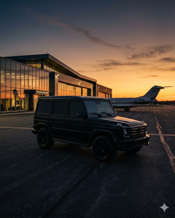 Black armoured SUV on private jet tarmac — international travel security for UHNW principals