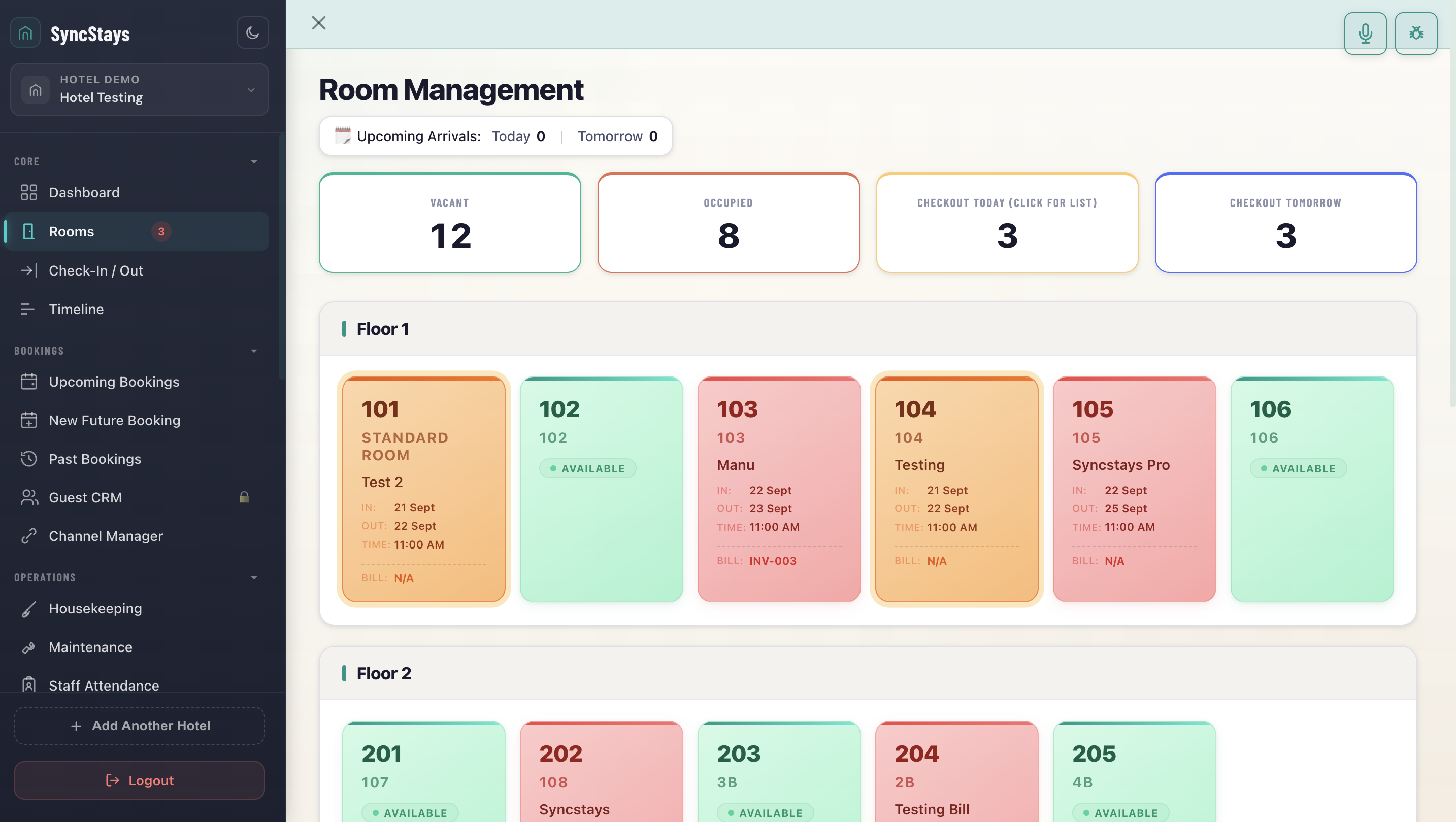 SyncStays front desk — room grid