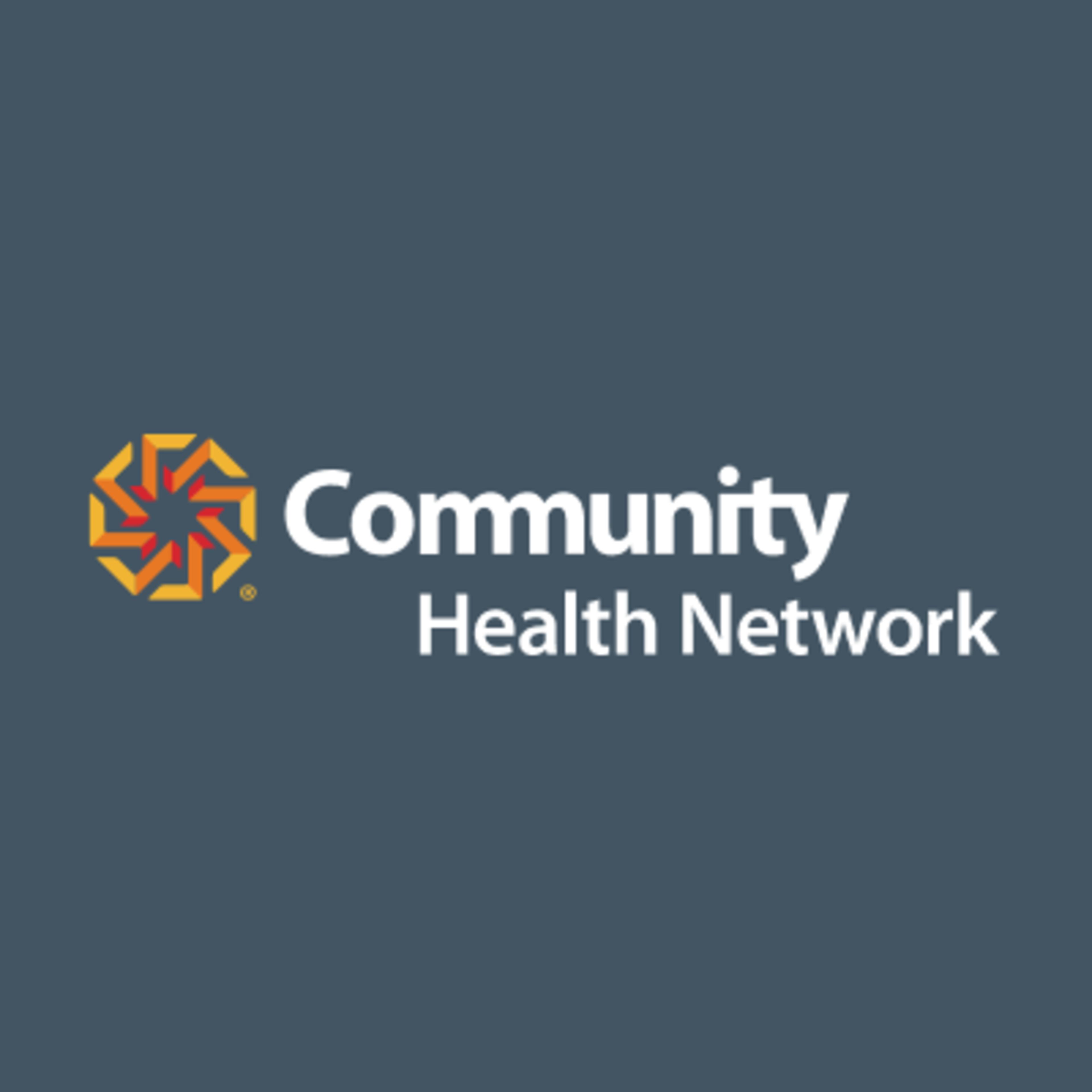 Community Health Network logo with orange and red geometric symbol on dark blue background