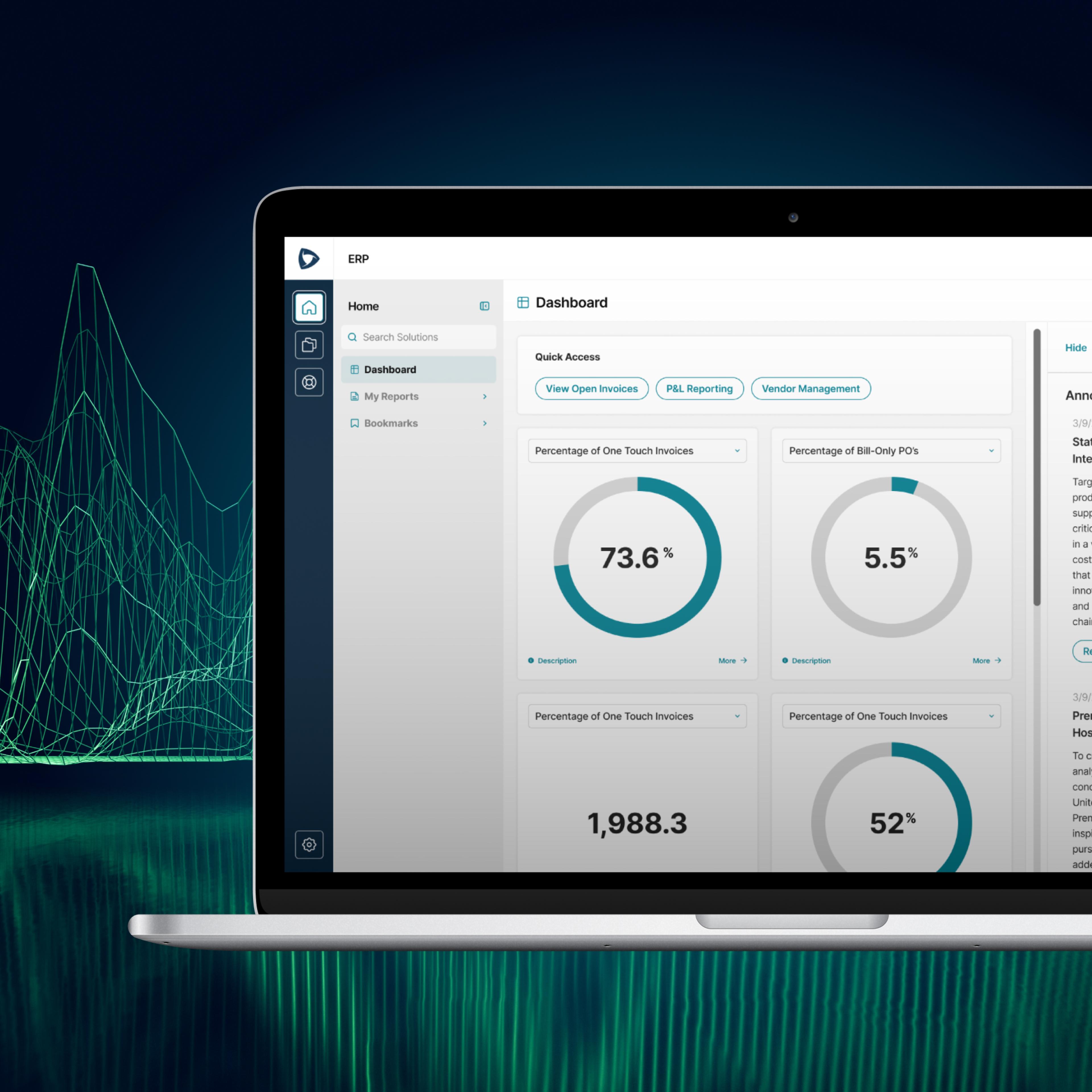 A laptop displaying an ERP dashboard. The interface includes a left sidebar with navigation options like Home, Dashboard, My Reports, and Bookmarks. The background features abstract green lines on a dark blue gradient