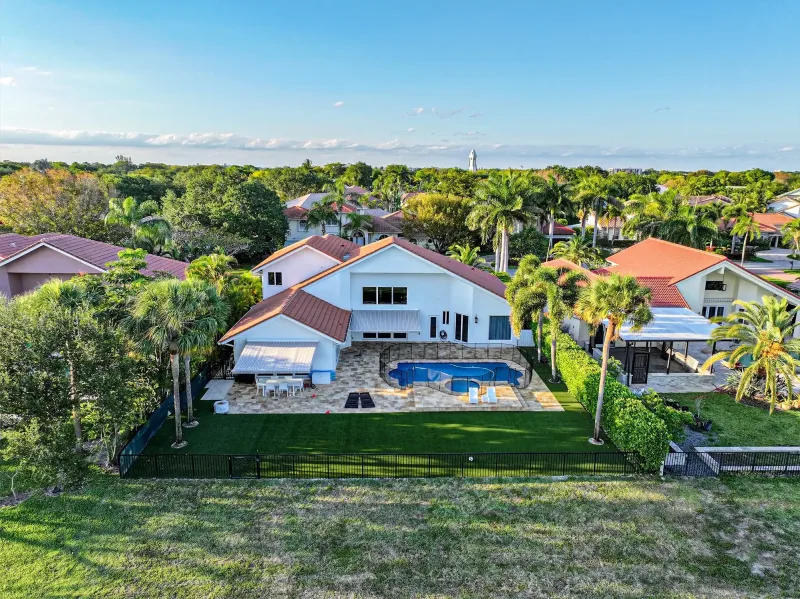 Aerial view waterfront mansion