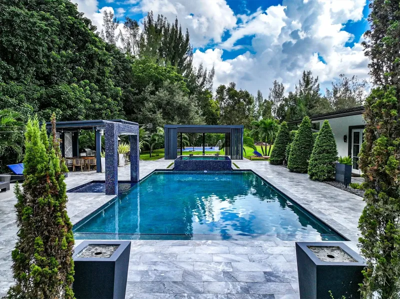 Panoramic aerial contemporary mansion