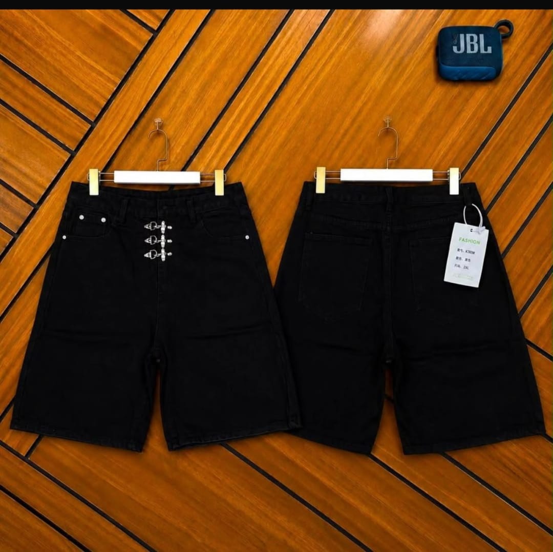 Stylish Black Denim Shorts with Buckle Detail