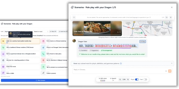 Conversation scenarios showing restaurant ordering, shopping, and job interview practice
