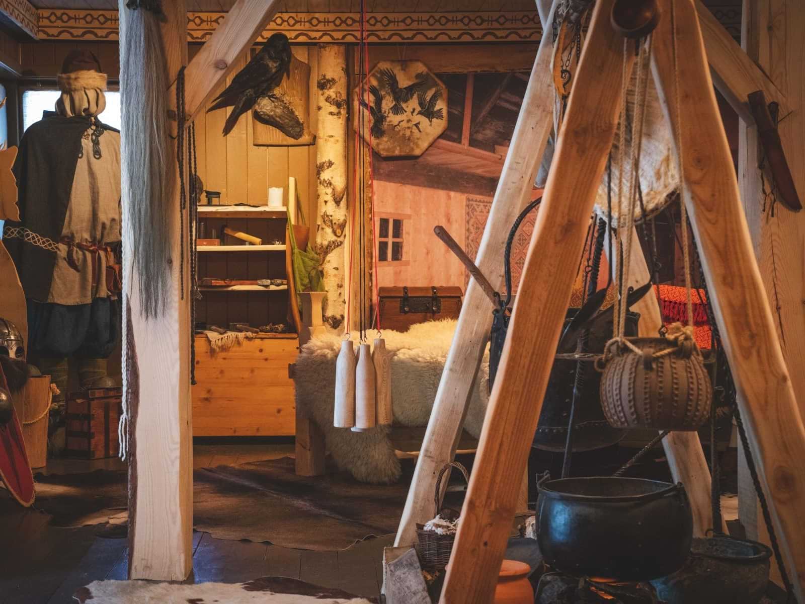 Interior of a Viking exhibition with a ladder and various Viking-related objects.