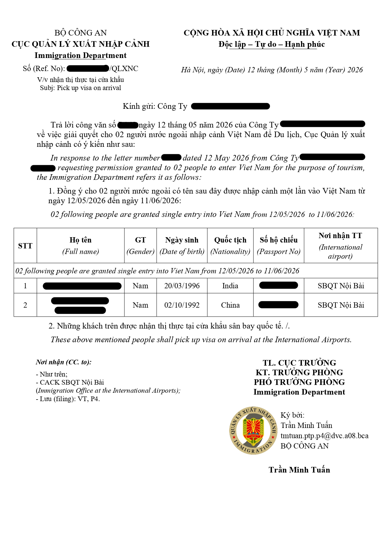 Sample of the latest Vietnam Visa Approval Letter