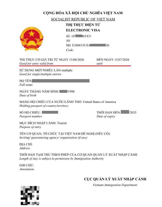 Visa validity shown on eVisa