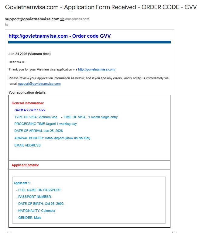 Vietnam Visa Application Form Confirmation
